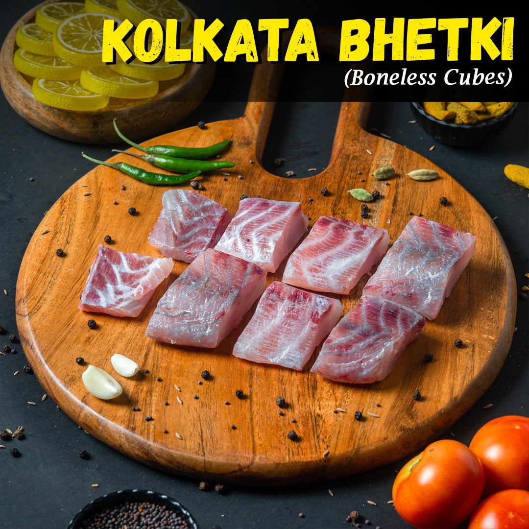 Kolkata Bhetki (Sea Bass, Barramundi) Boneless Cubes w/o Skin Nt. Wt. 300g (8-10 pcs)