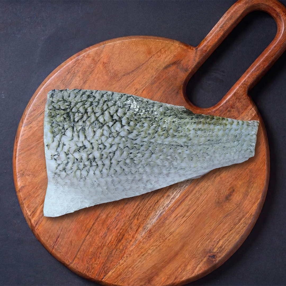 Kolkata Bhetki (Sea Bass, Barramundi, size 2 kg) Fish Boneless Fillets with Skin Nt. Wt. 300g (1 piece)