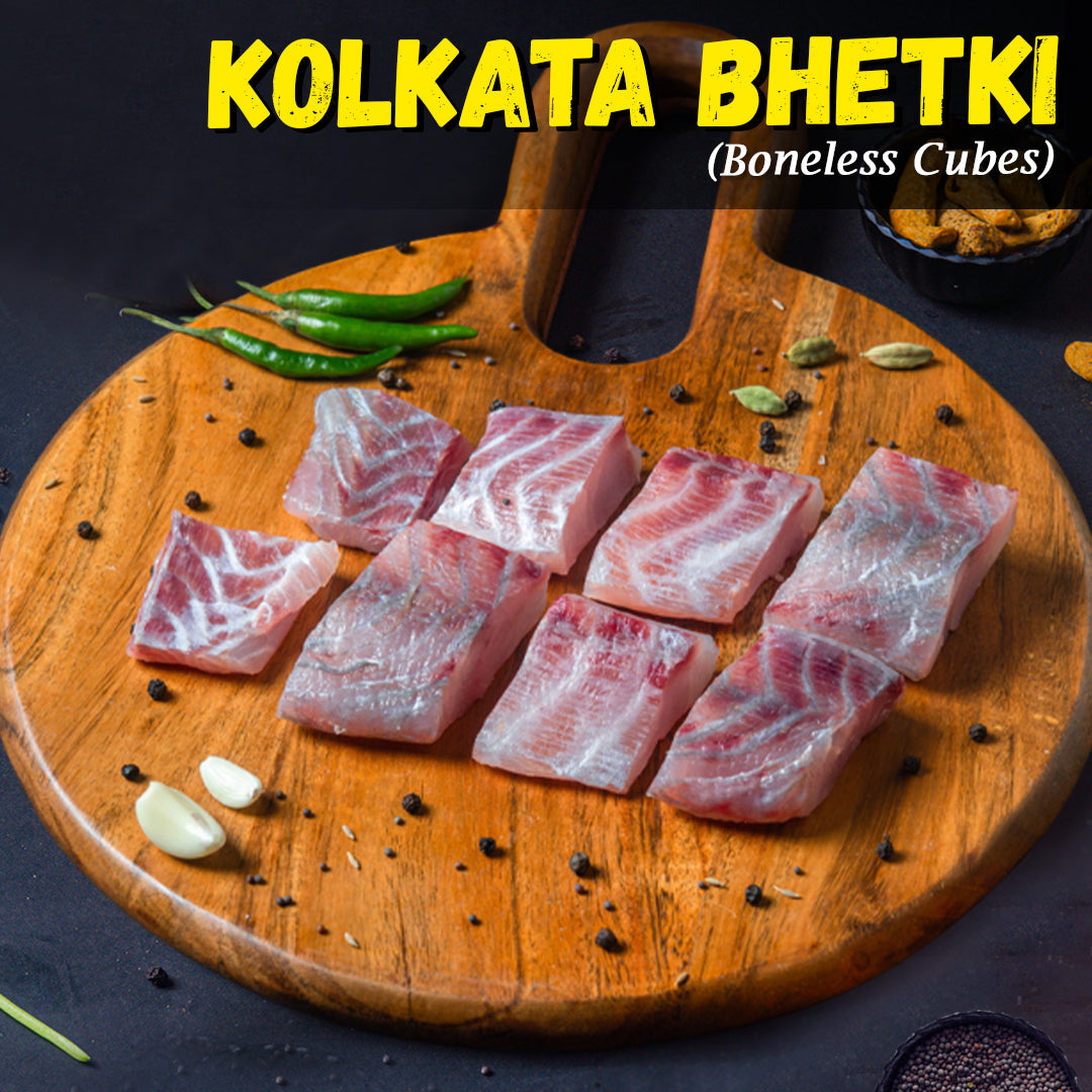 Kolkata Bhetki (Sea Bass, Barramundi) Boneless Cubes w/o Skin Nt. Wt. 300g (8-10 pcs)