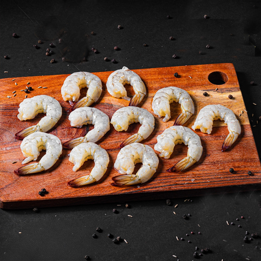 Tiger Prawns with tail on (Peeled & Deveined) Nt. Wt. 250g (13-15 pcs)